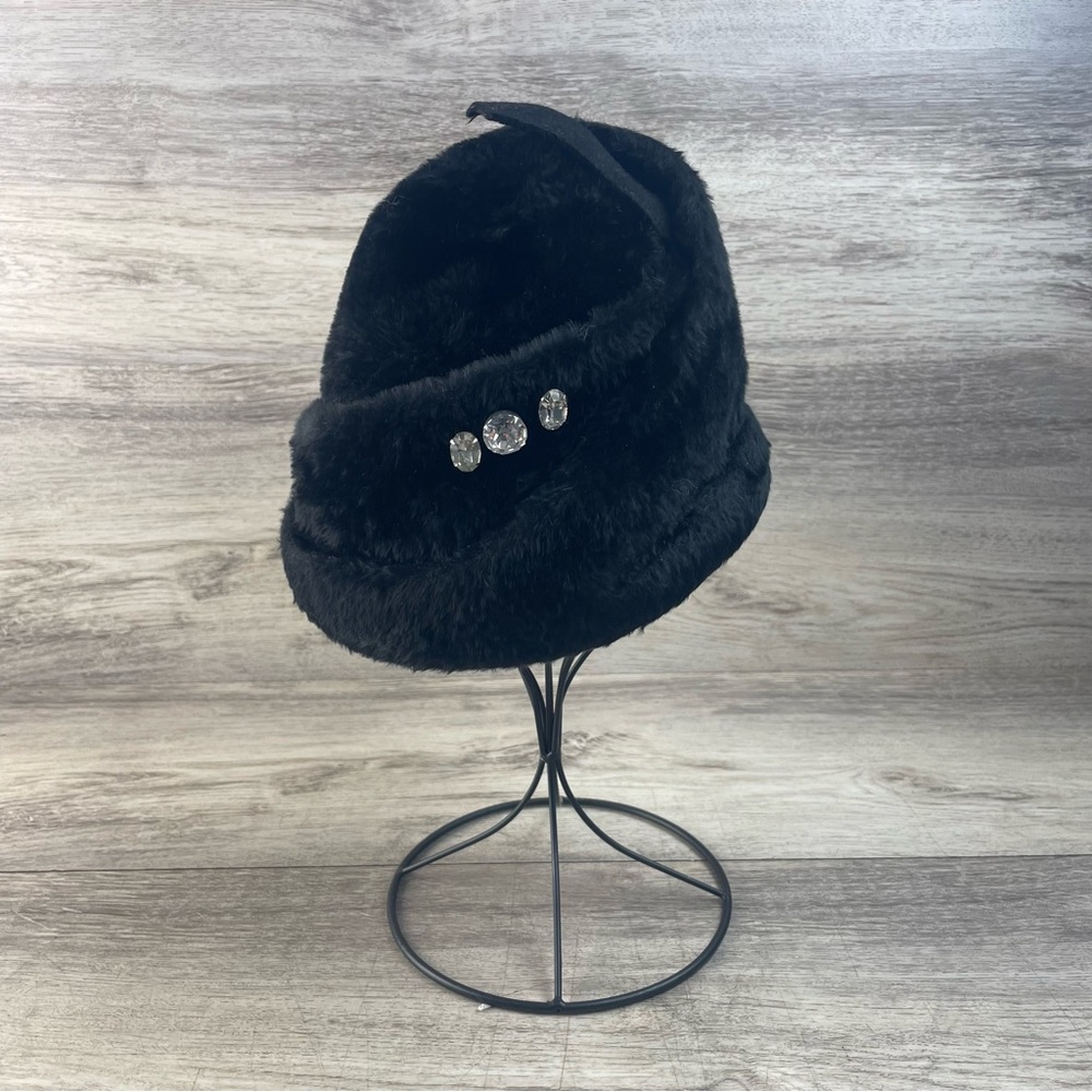 Vintage 1950s Selene Bucket Hat Black Faux Fur Jewel Accents Small